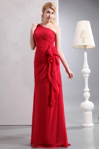 Red One Shoulder Chiffon Ruch Bridesmaid Dresses