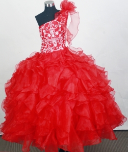 Red One Shoulder Little Girl Pageant Dresses Ruffled