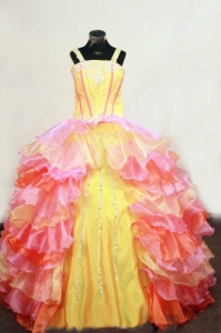 Multi-colored Ruffles Straps Beaded Little Girl Pageant Dress
