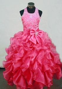 Halter Beaded Girl Pageant Dresses Hot Pink Ruffles