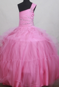 One Shoulder Pink Beaded Little Girl Pageant Dress