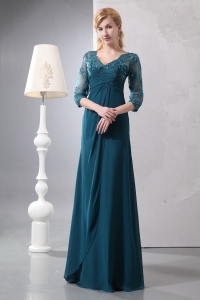 V-neck Sleeves Turquoise Lace Mother of the Bride Dress