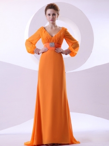 Prom Dress V-neck Long Sleeves Orange Brush Train
