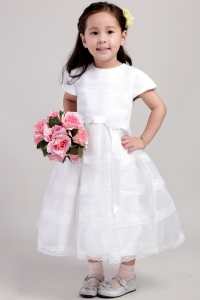 Scoop Tea-length Lace Hand Made Flower Flower Girl Dress