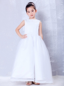 White Bateau Ankle-length Beading Flower Girl Dress