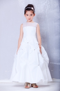 White Bateau Ankle-length Beading Flower Girl Dress