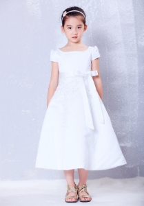 Flower Girl Dress White Scoop Tea-length Beading Bow
