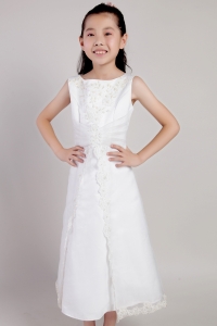 White Flower Girl Dress Scoop Tea-length Taffeta and Appliques