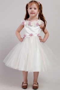 Flowers Little Girl Dress White Square Tea-length Tulle Handle Made
