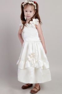 Flower Girl Dress White Straps Ankle-length Taffeta Bow