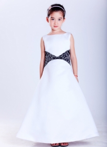 White and Black Flower Girl Dress Scoop Ankle-length Embroidery