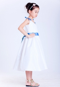 Flower Girl Dress White and Blue V-neck Tea-length Bows