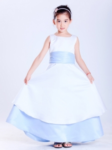 White and Light Blue Flower Girl Dress Scoop Ankle-length Sash