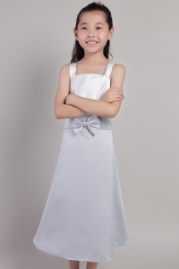 Flower Girl Dress White and Lilac A-line Straps Tea-length Bow
