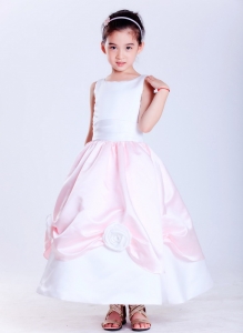 White and Pink Scoop Ankle-length Taffeta Flower Girl Dress