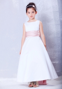 White and Pink Flower Girl Dress Scoop Ankle-length Sash