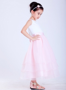 Flower Girl Dress White and Pink Scoop Ankle-length