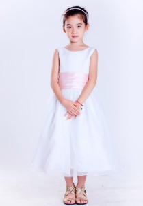 White and Pink Scoop Tea-length Girl Pageant Dress Flowers