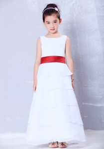 White and Red Scoop Ankle-length Sash Flower Girl Dress