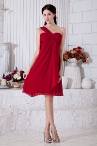 Wine Red Bridesmaid Dresses One Shoulder Chiffon Ruch