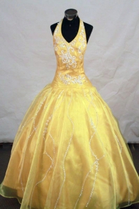 Appliques Halter Yellow Little Girl Pageant Dresses