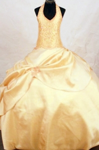 Halter Gold Little Girl Pageant Dress Ball gown Taffeta Beading