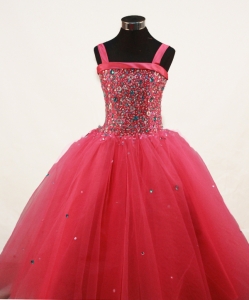 Red Straps Little Girl Pageant Dress Beading Tulle Ball Gown