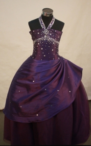 Dark Purple Flower Girl Dress Beaded Halter Neckline