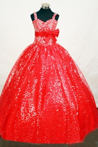 Red Flower Girl Pageant Dress Sequin Belt Wide Straps