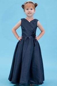 Navy Blue Flower Girl Dress A-line V-neck Floor-length
