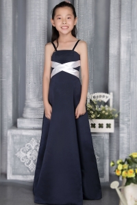 Navy Blue Straps Floor-length Flower Girl Dress