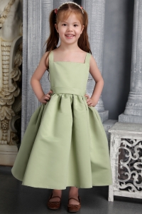 Little Girl Dress Olive Green Straps Tea-length Satin