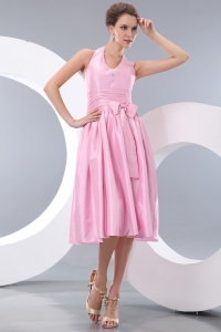 Halter Taffeta Pink Tea-length Chief Bridesmaid Dress
