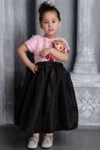 Scoop Tea-length Pink and Black Taffeta Ruffes Flower Girl Dress