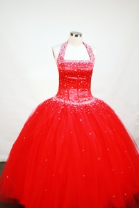 Halter Red Beaded Tulle Flower Girl Pageant Dress