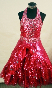 Red Sequin Flower Girl Pageant Dress Halter Neckline