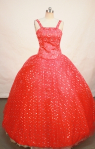 Red Sequin Straps Neckline Beaded Decorate Pageant Dress