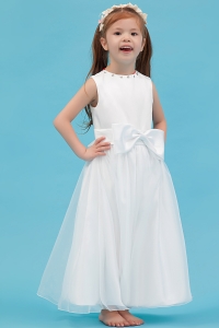 White Scoop Ankle-length Organza Sash Flower Girl Dress