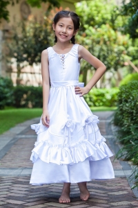 White Scoop Ankle-length Taffeta Flower Girl Dress
