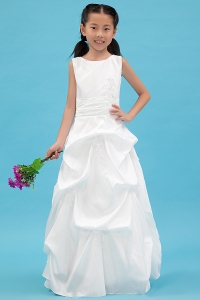 Taffeta Appliques White Scoop Flower Girl Dress