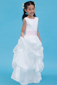 White A-line Scoop Taffeta Belt Flower Girl Dress
