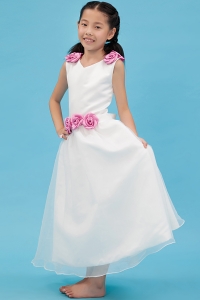 A-line V-neck White Organza Floral Flower Girl Dress
