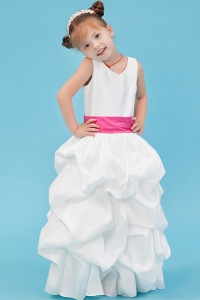 Ankle-length Taffeta White Belt Flower Girl Dress