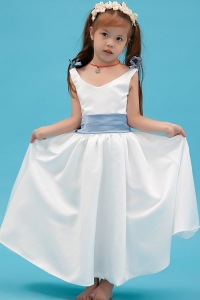 White A-line V-neck Taffeta Belt Flower Girl Dress