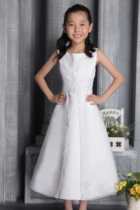 White Scoop Tea-length Organza Beading Flower Girl Dress