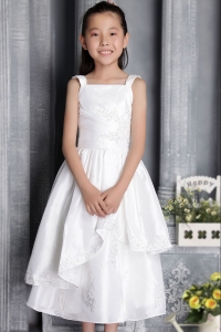 Square Tea-length Taffeta White Flower Girl Dress