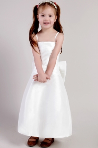 Ankle-length Satin White Straps Bowknot Little Girl Dress
