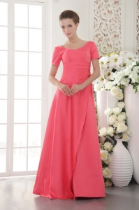 Short Sleeves Coral Red Mother Of The Bride Dress Scoop Beading