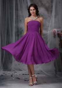 Purple Ruched Bridesmaid dress Chiffon Strapless Tea-length