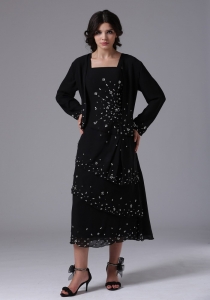 Black Mother Of The Bride Dress Straps and Beading Jacket